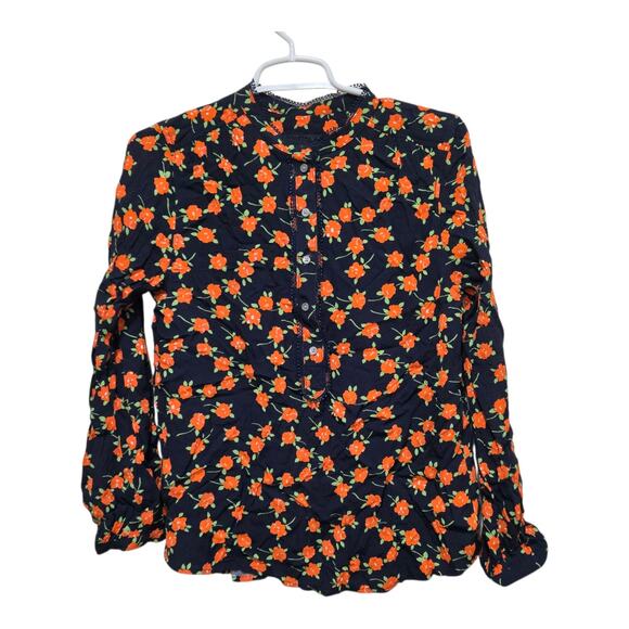 J crew top womens size xs blue orange popover in poppy fields blouse - Picture 1 of 7